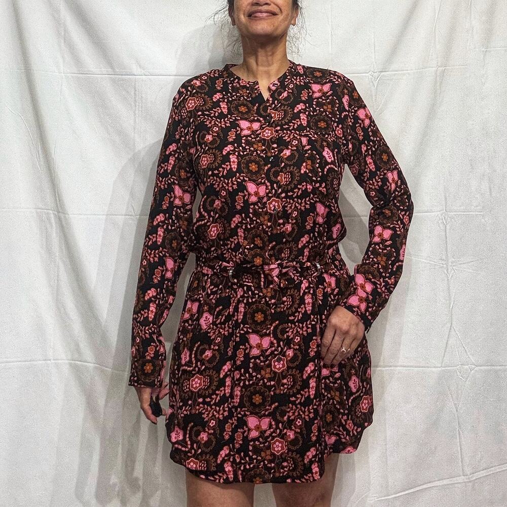 ALC Black Floral Silk Long Sleeve Midi Dress Sz 10